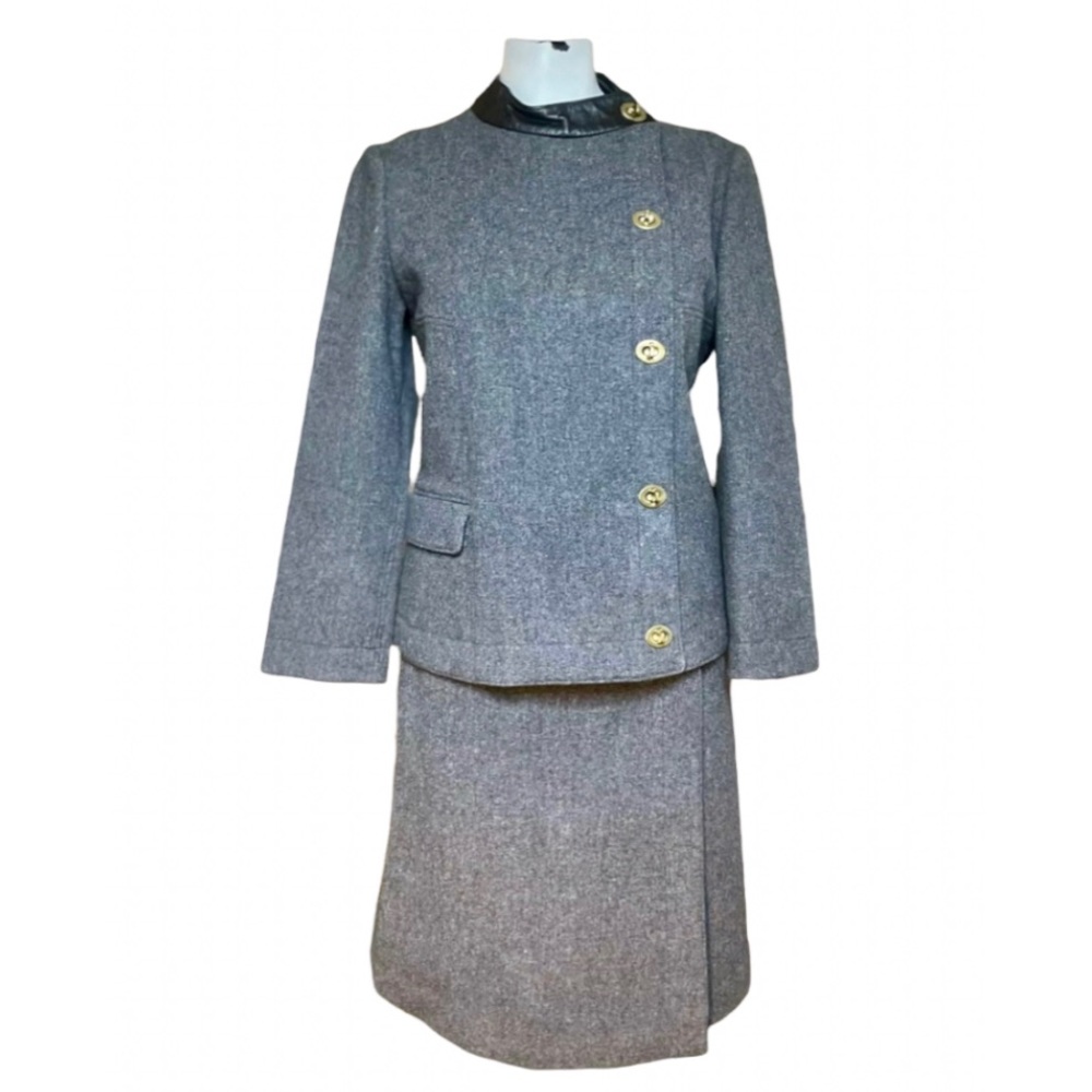 Bonnie Cashin Gray Wool Skirt Suit w Blk Leather Trim & Gold Turnlocks